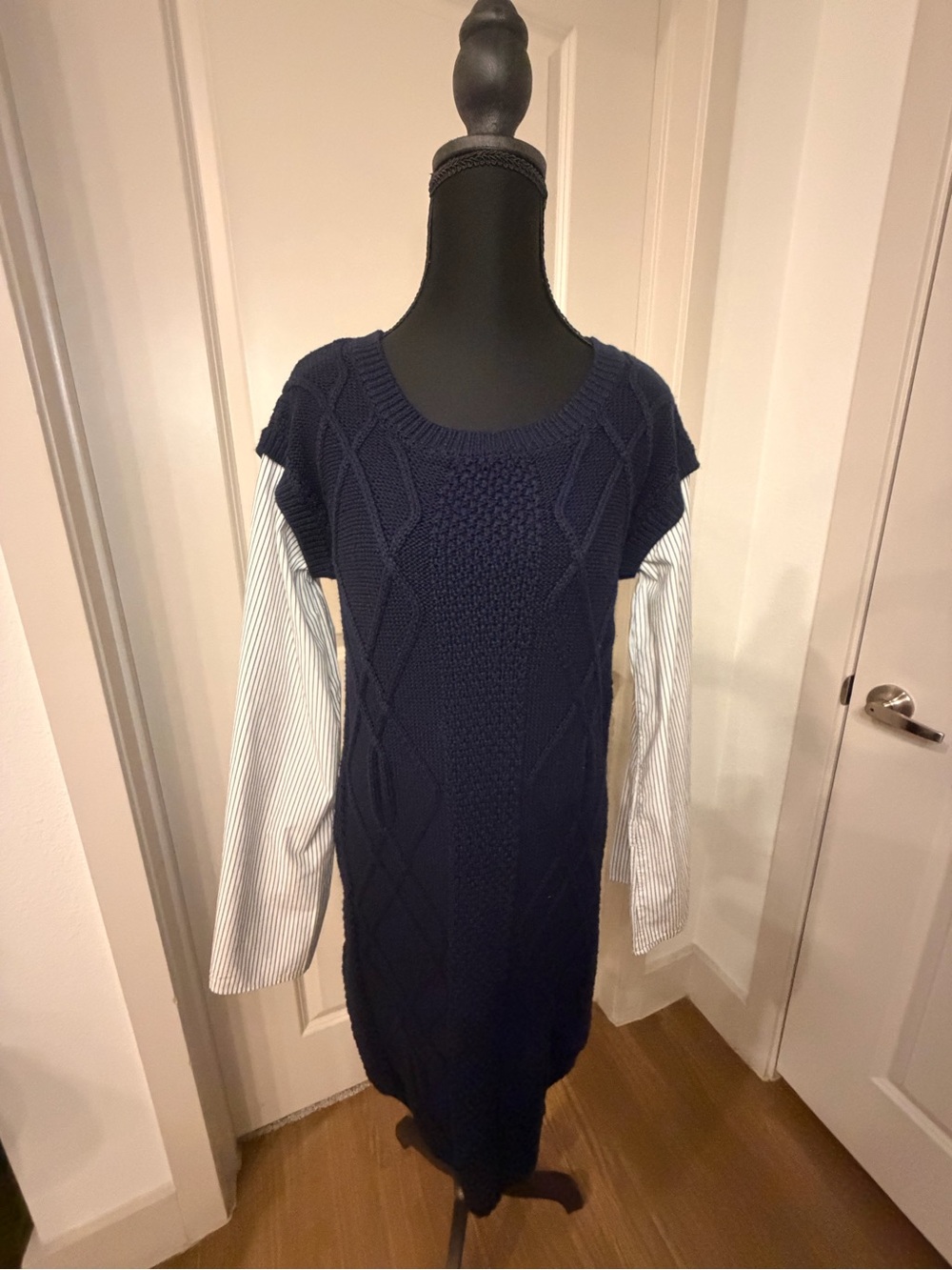 Women's Long Sleeve Navy Cable Knit Shirt-Sleeve Dress